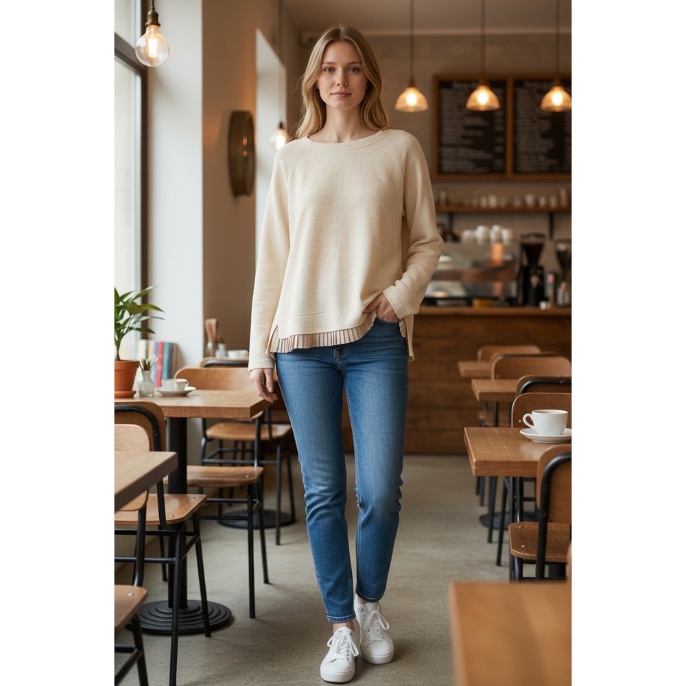 Undiscovered‎ Eye Textured Knit Pleated Hem Sweater Top Cream  Women's M